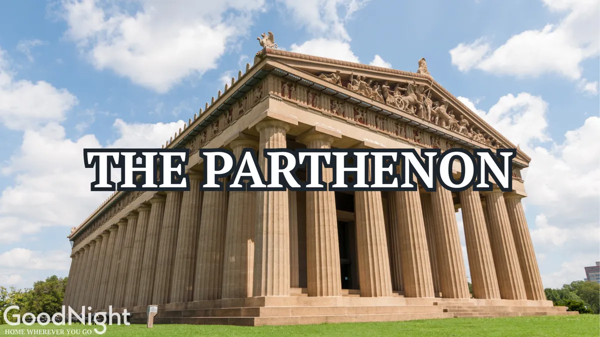 A majestic exterior shot of Nashville’s Parthenon replica in Centennial Park, capturing its grand columns and detailed frieze. The image is set in daylight with people walking or enjoying the open parkland nearby, highlighting the historic and iconic nature of the structure.