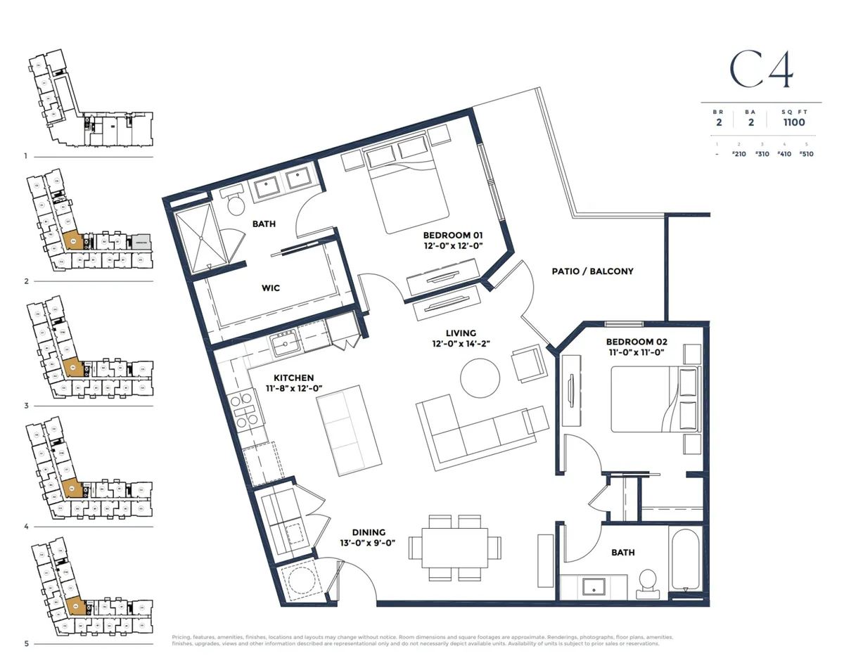 A wide view of a condo's main living space, showing the living room, dining area, patio/balcony, and bedrooms in one frame. The layout encourages socializing, relaxing, and entertaining, while the adjacent patio/balcony hints at indoor-outdoor living.