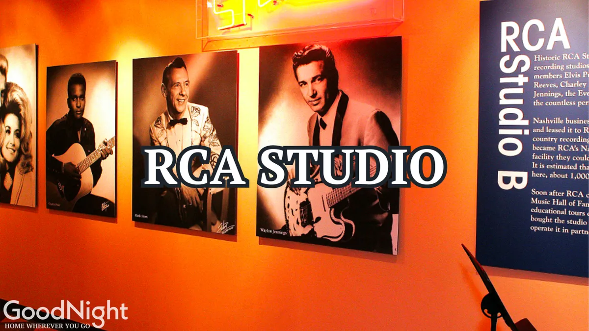 This interior shot captures the iconic RCA Studio B sign, framed photographs of legendary musicians, and subtle neon lighting. The setting is filled with memorabilia tied to Nashville's vibrant musical history, inviting visitors to step into the city’s storied past.